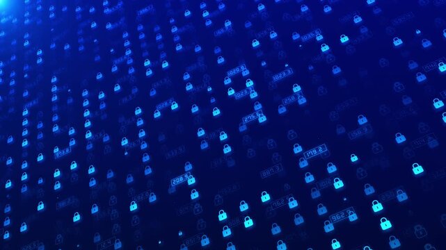 Glowing padlocks cover futuristic digital field representing encrypted access protected information. hacking prevention, secure payments, passwords, identity control, online privacy, network safety.