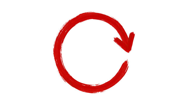 Red painted circular arrow icon indicating refresh or reload movement on a neutral gray background.