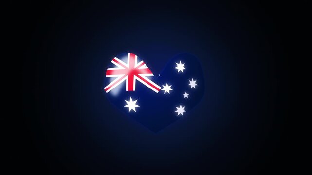 Animated Australian flag in a glowing heart shape on a dark background, national pride, patriotism, love for country
