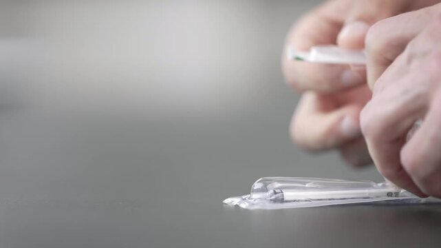 Hands open a sterile syringe package and attach a needle onto it