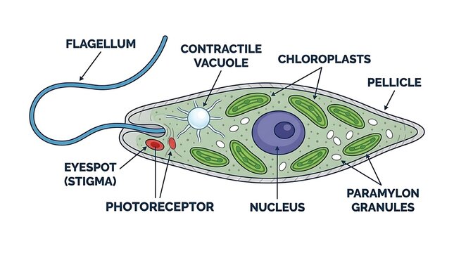 Anatomy of Euglena biology diagram labeled parts flagellum eyespot nucleus chloroplasts, educational science illustration