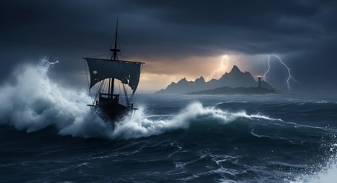 A damaged sailing ship navigates through high ocean waves during a dark stormy night