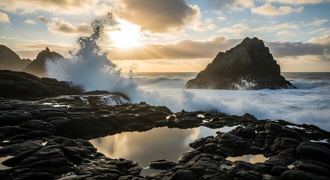 Ocean waves crashing against dark volcanic rocks during a golden sunset at the shore