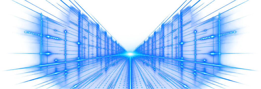 Futuristic 3D cyberspace wireframe corridor: cyan glowing perspective grid tunnel with vanishing point lines isolated on transparent background. Modern 3D design clipart asset with clipping path.