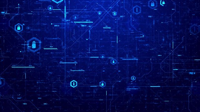 Futuristic cybersecurity interface glowing padlock connected circuits, network monitoring . access control, cyber defense, authentication, threat detection, secure servers, enterprise protection.