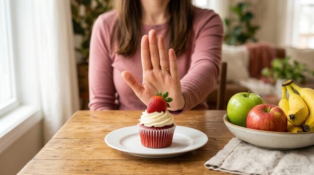 Woman Making Stop Gesture to Sweet Cupcake Choosing Healthy Fruit Diet and Self Control Concept