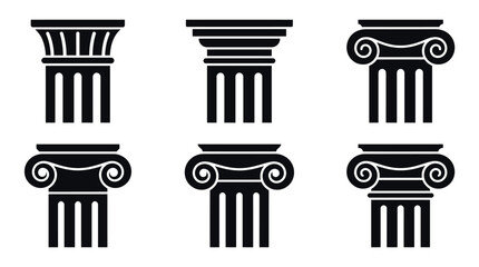 Obraz premium Set of black silhouette classical architectural column capital designs with architectural classical building