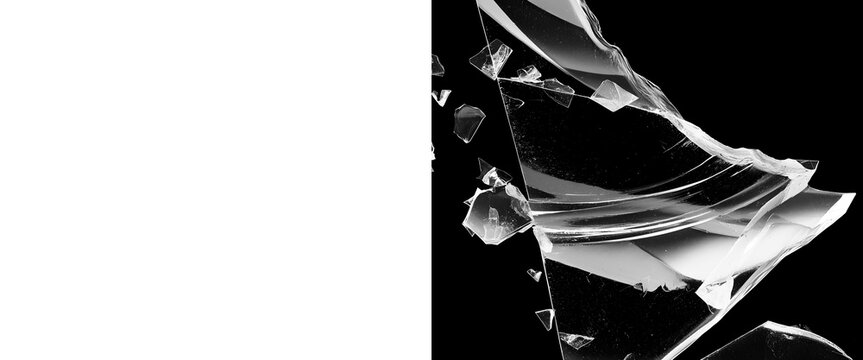 Shattered glass shards on black background, broken crystal fragments with sharp edges, abstract transparent glass explosion for overlay effects