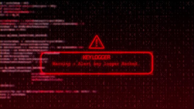 Cyber attack animation red keylogger alert surrounded digital code and warning graphics. keystroke theft, spyware detection, credential compromise, unauthorized access, cybercrime, security awareness.
