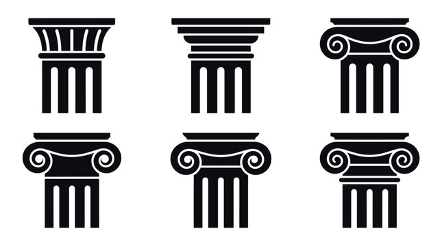 Set of black silhouette classical architectural column capital designs with architectural classical building