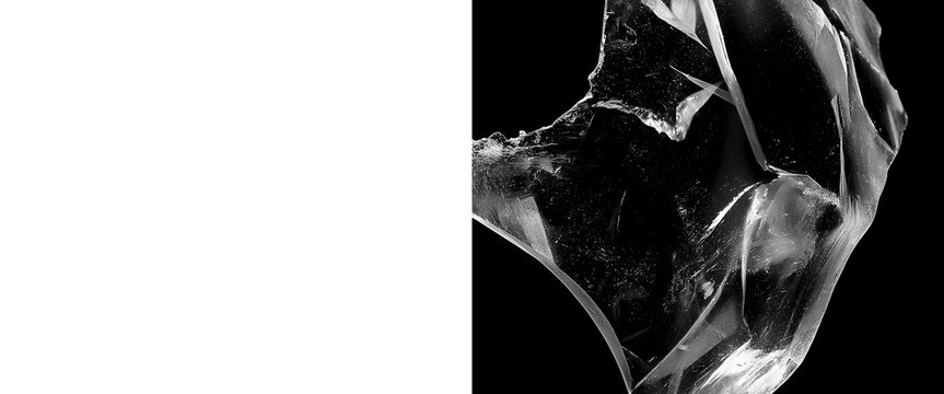 Abstract broken glass shards on black background, shattered crystal fragments with sharp edges, dark cinematic glass texture for creative overlays
