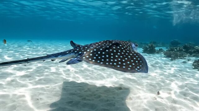 Spotted eagle ray swimming in clear tropical ocean water
