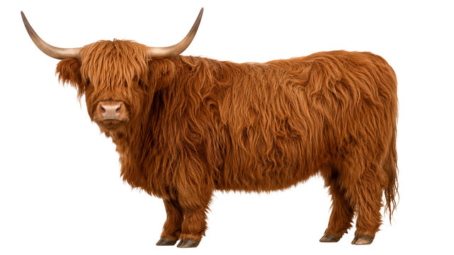 Highland cow with long shaggy reddish-brown fur and large curved horns stands in profile against a white background.
