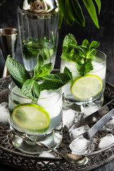 Fresh summer  alcohol cocktail (Margarita or Daiquiri) with bar accessories © amberto4ka