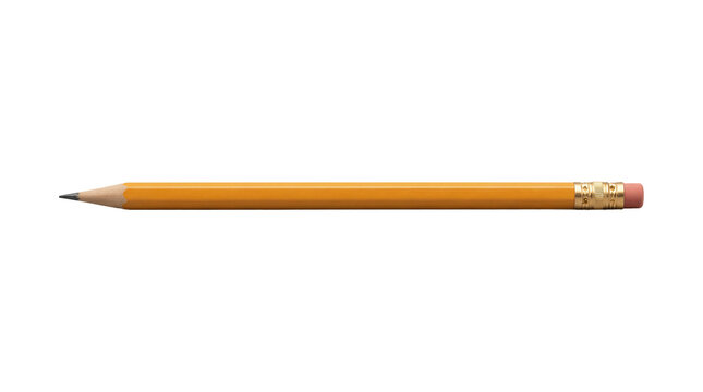 Sharpened yellow pencil with a pink eraser lies horizontally isolated on a clean white background.