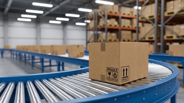 Cardboard package box with fragile handling symbols moving on roller conveyor belt in automated shipping delivery warehouse logistics center