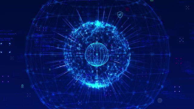 Digital wireframe globe inside connected technology sphere network links interface elements. global data exchange, systems, cloud connectivity, AI infrastructure, telecommunications, business networks