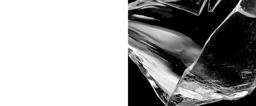 Abstract broken glass shards on black background, shattered crystal texture with sharp edges, dark cinematic glass fragments with light reflections