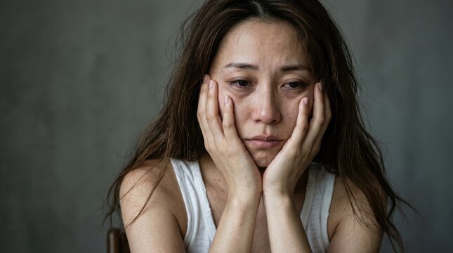 Depressed Asian Woman Crying with Hands on Face, Mental Health and Sadness Concept