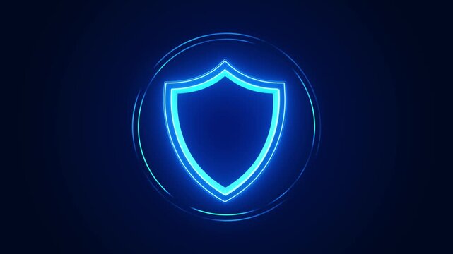 Futuristic neon shield secure digital protection, trusted access, cyber defense dark blue background. privacy, authentication, malware prevention, financial security, cloud systems, enterprise safety.