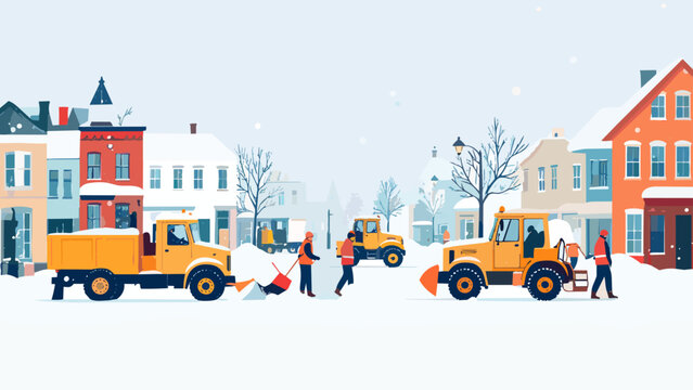 雪の住宅街で作業する除雪車と作業員_1920x1080px