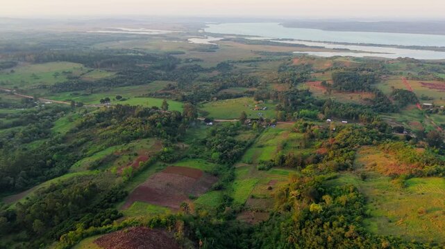 Rolling farmland, woodland and rural properties near the Paran&aacute; River in Nueva Alborada, Itap&uacute;a, Paraguay, within the humid subtropical Atlantic Forest region under cloudy skies, drone forward flyover
