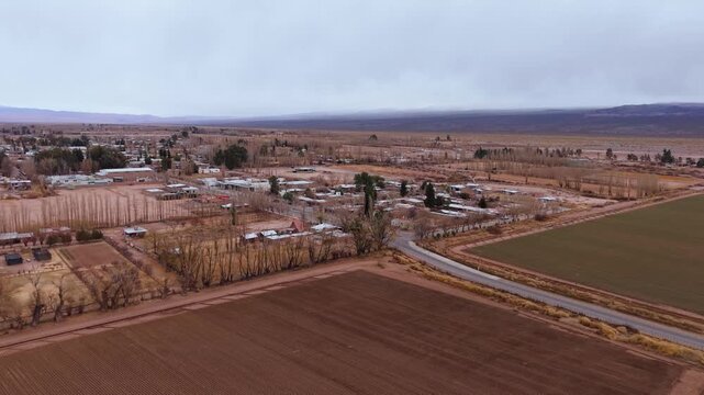 Agricultural fields, poplar-lined rural properties and Barreal settlement along National Route 149 in Calingasta Department, San Juan, Argentina, with arid Andean foothills, drone forward flyover