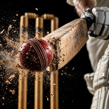 Action cricket shot of wooden bat hitting red leather ball, dynamic impact with wood splinters, professional sports equipment on dark background