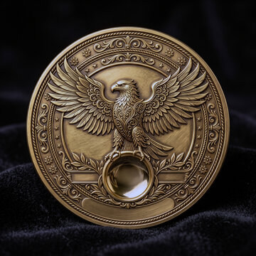 Antique double-headed eagle emblem with shield and crown on ornate background