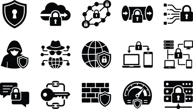 Collection of flat black cybersecurity icons featuring data protection encryption firewall hackers and secure network systems