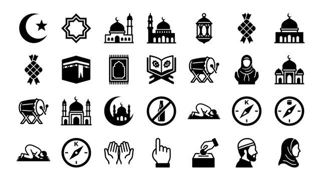 Islamic culture and religious tradition icon set with religious icons muslim tradition mosque architecture