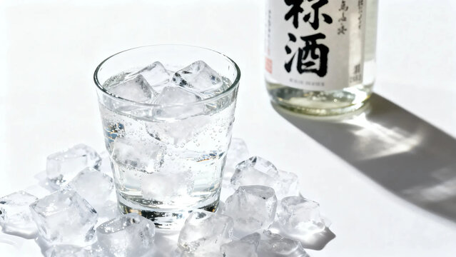 Pouring fresh cold water from a bottle into a glass with ice cubes on white background