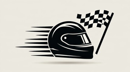 Obraz premium A stylized black racing helmet with speed lines and a checkered flag, symbolizing motorsport and victory.