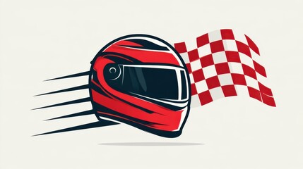 Obraz premium A red racing helmet with black accents speeds past a waving checkered finish flag, symbolizing motorsport and victory.