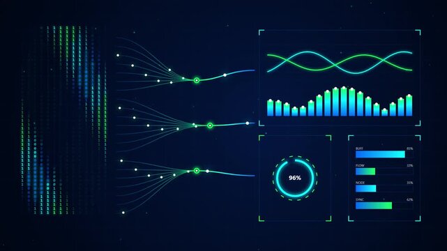 Futuristic data analytics dashboard with digital network nodes and real-time statistical graphs interface