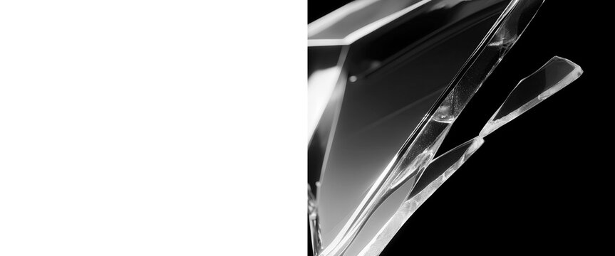 Abstract crystal glass shards on black background, sharp geometric glass fragments with light reflections, elegant monochrome crystal texture