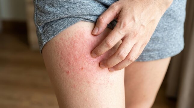 Close-up of a person scratching a red itchy skin rash on their thigh, allergic reaction or dermatitis concept