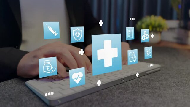 Insurance concept in hospital background. patient data technology to medical check. healthcare medical icons