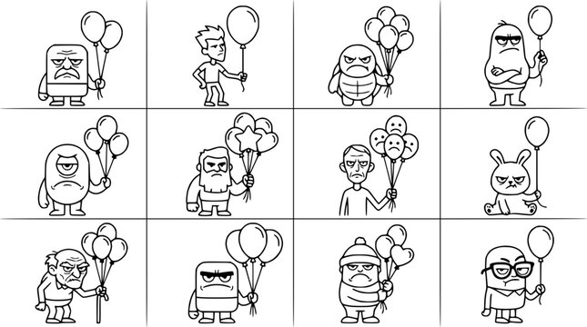Collection of Cartoon Characters Holding Balloons, Isolated