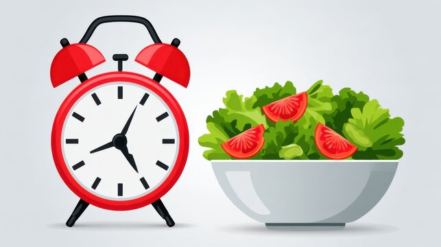 A red alarm clock next to a bowl of fresh salad with lettuce and tomato slices on a white background.