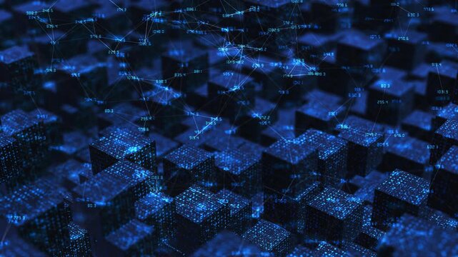 Dark technology scene shows illuminated blocks linked by data points and numeric metrics, visualizing cloud infrastructure, analytics, automation, machine learning, servers connected digital systems.