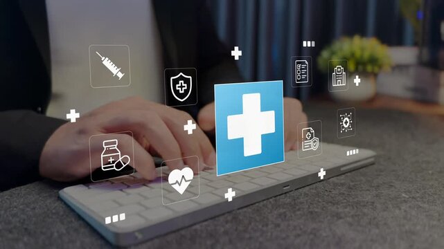Insurance concept in hospital background. patient data technology to medical check. healthcare medical icons