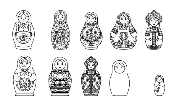 Matryoshka Babushka Russian Folk Doll Outline Vector Collection