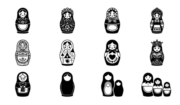 Russian Nesting Dolls Matryoshka Folk Culture Silhouette Vector Set