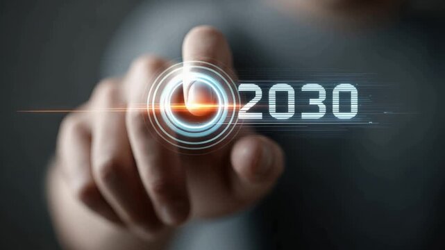 A hand touches a digital interface displaying the year 2030 and a power symbol, signifying future technology and planning. ..Created with Generative AI, not depicting real subjects.