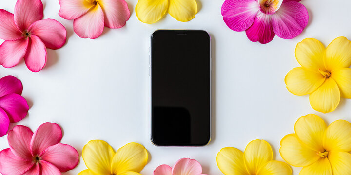 Blank black smartphone screen lying flat surrounded by colorful frame featuring pink beside yellow frangipani flowers arranged over plain white background surface