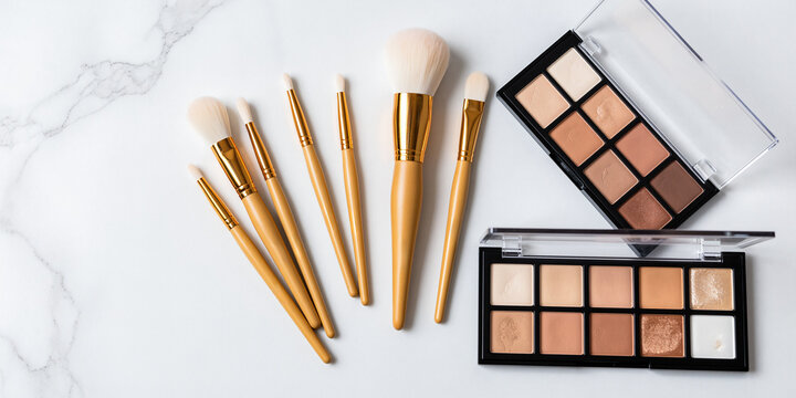 Assorted professional makeup brushes featuring wooden handles placed near two colorful eyeshadow palettes resting flat upon smooth white marble surface top