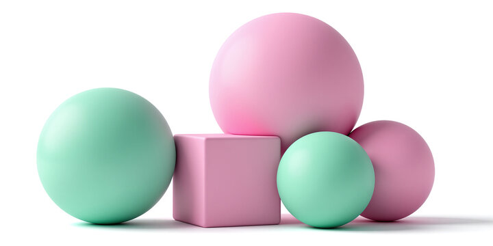 Pastel pink cube placed beside three mint green spheres forming abstract geometric composition against blank white studio background showcasing basic mathematical primitive shapes
