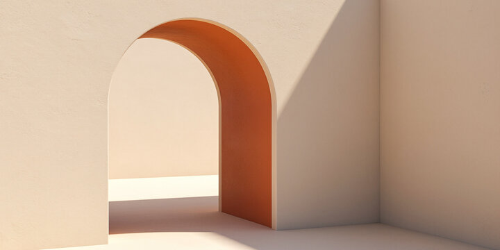 Empty curved terracotta archway built into plain beige plaster wall casting sharp diagonal shadow across flat floor during bright sunny summer morning