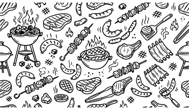 BBQ Barbecue Meat Doodle Seamless Pattern with Beef Pork Steak and Grill Elements